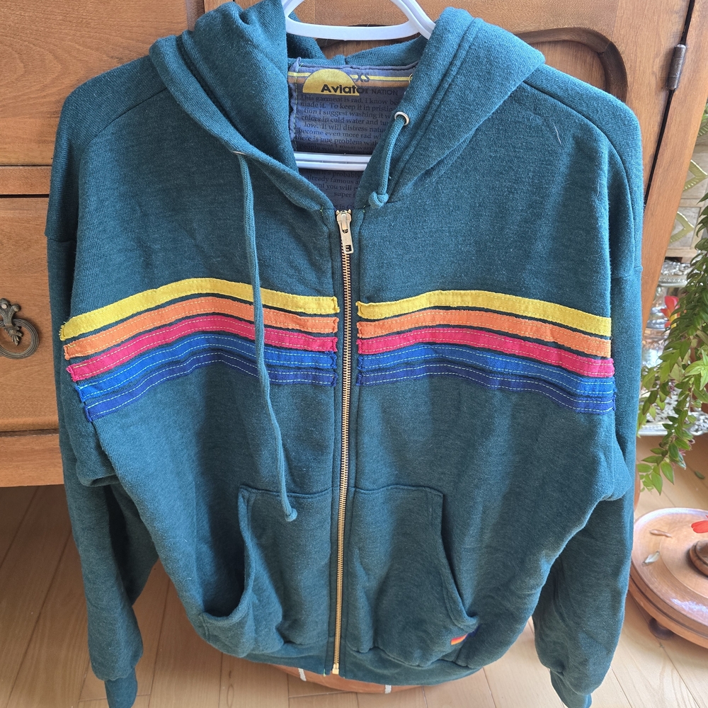 Aviator Nation Green Hoodie with Colorful Stripes Nwt